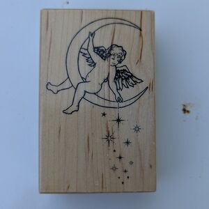 Wooden Angel and Moon Rubber Stamp